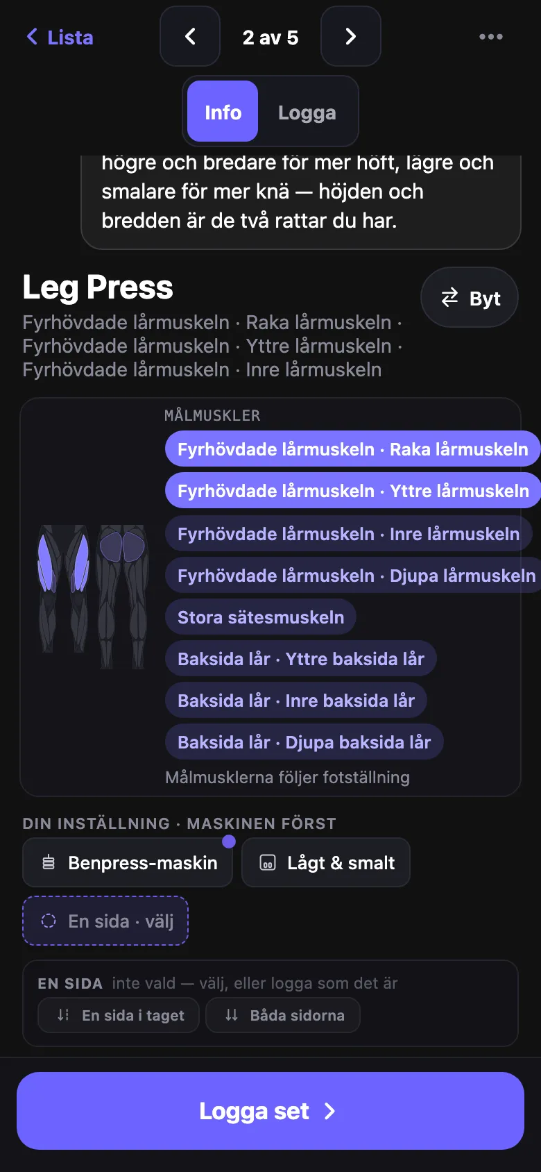 Vilka muskler som jobbar, ner på muskeldel — här benpress.