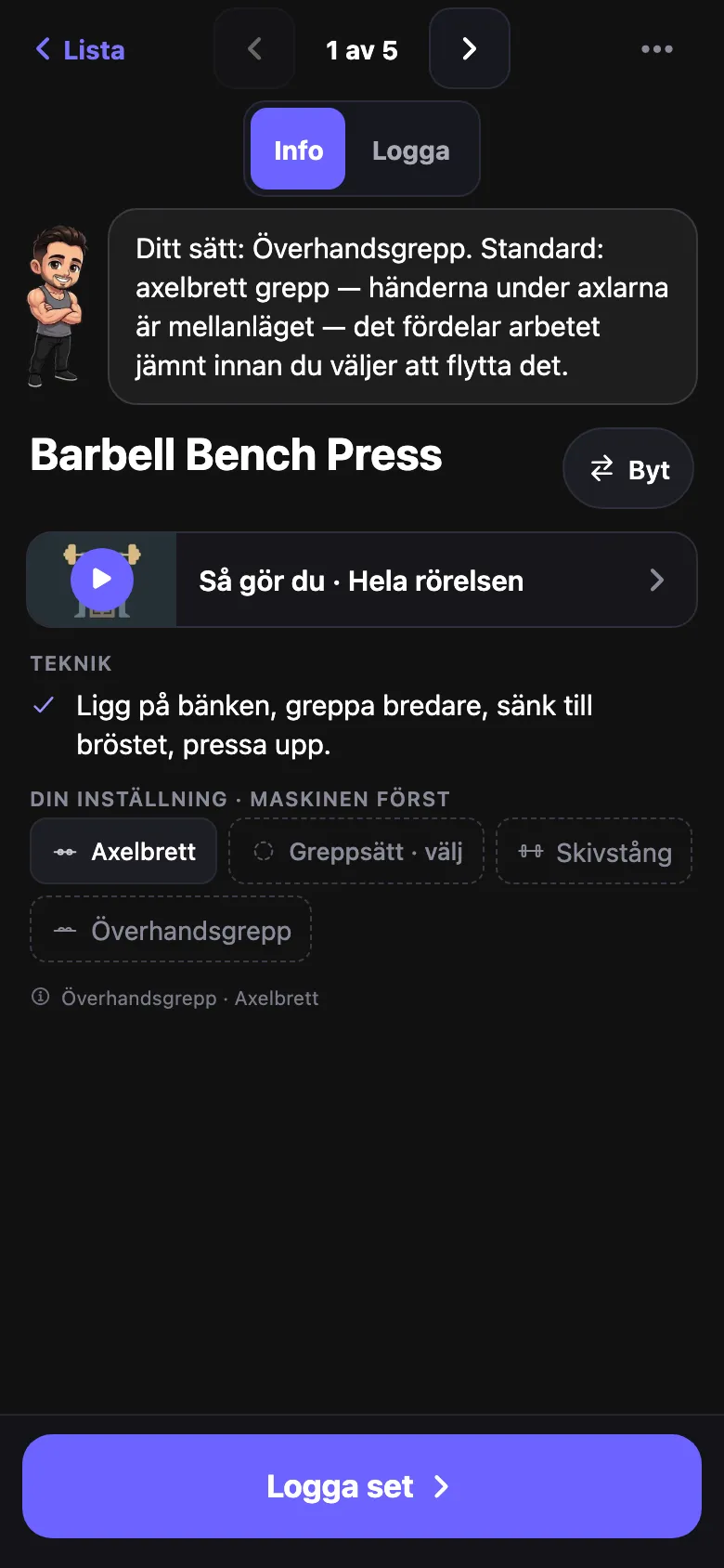 Övningssidan för bänkpress, på svenska.
