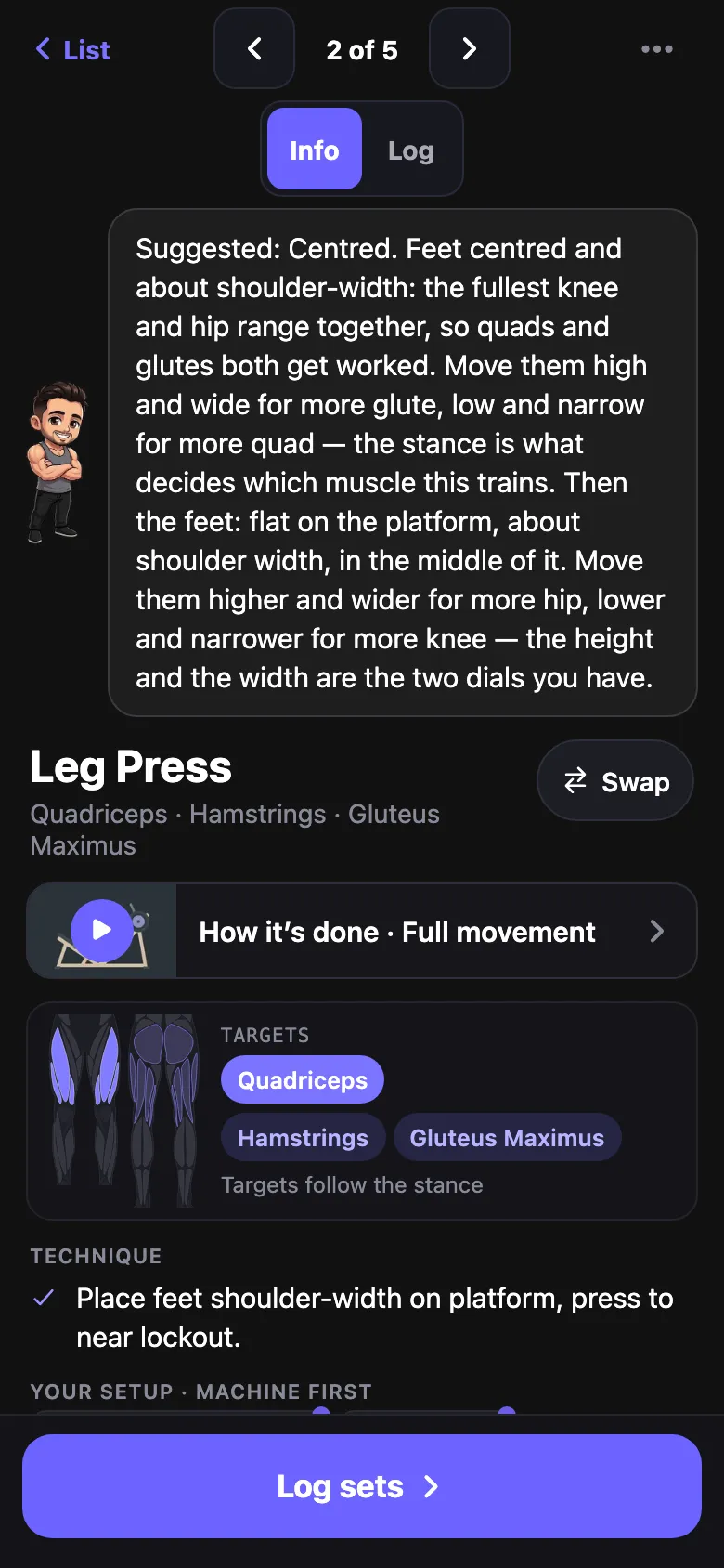 The exercise page: set-up, technique and the muscles that work.