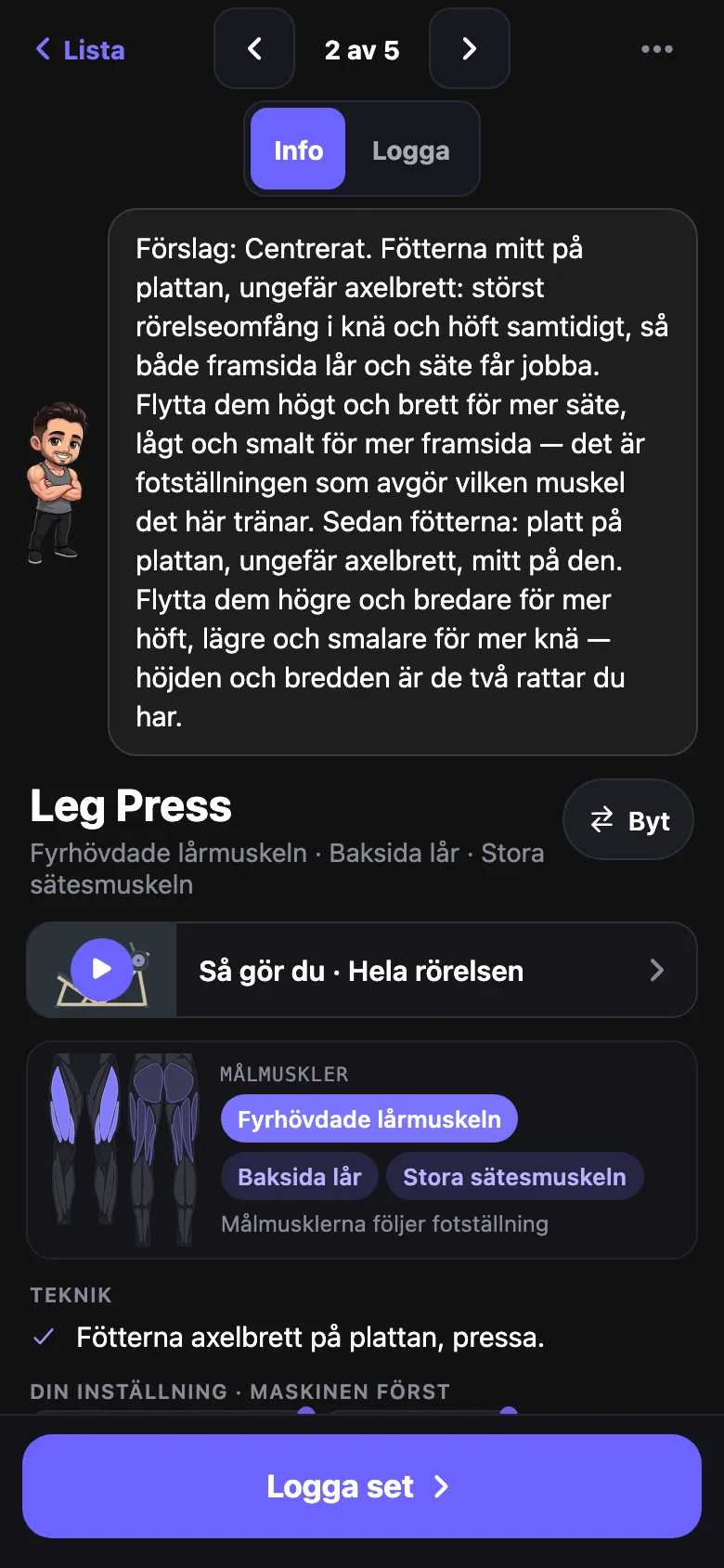 Övningssidan: inställning, teknik och vilka muskler som jobbar.