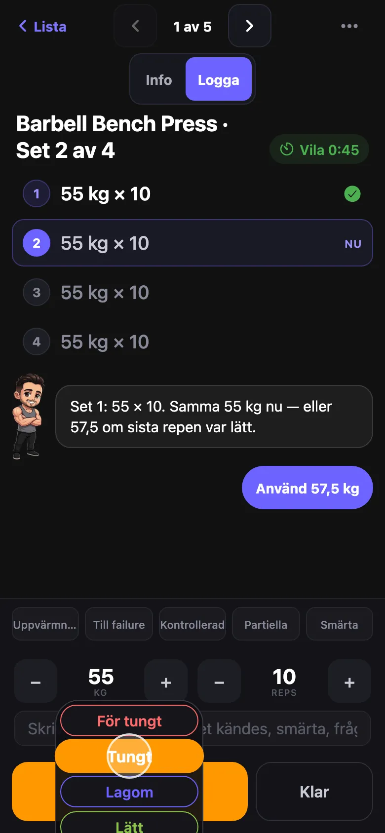 Efter setet: «Samma 55 kg nu — eller 57,5 om sista repen var lätt.»