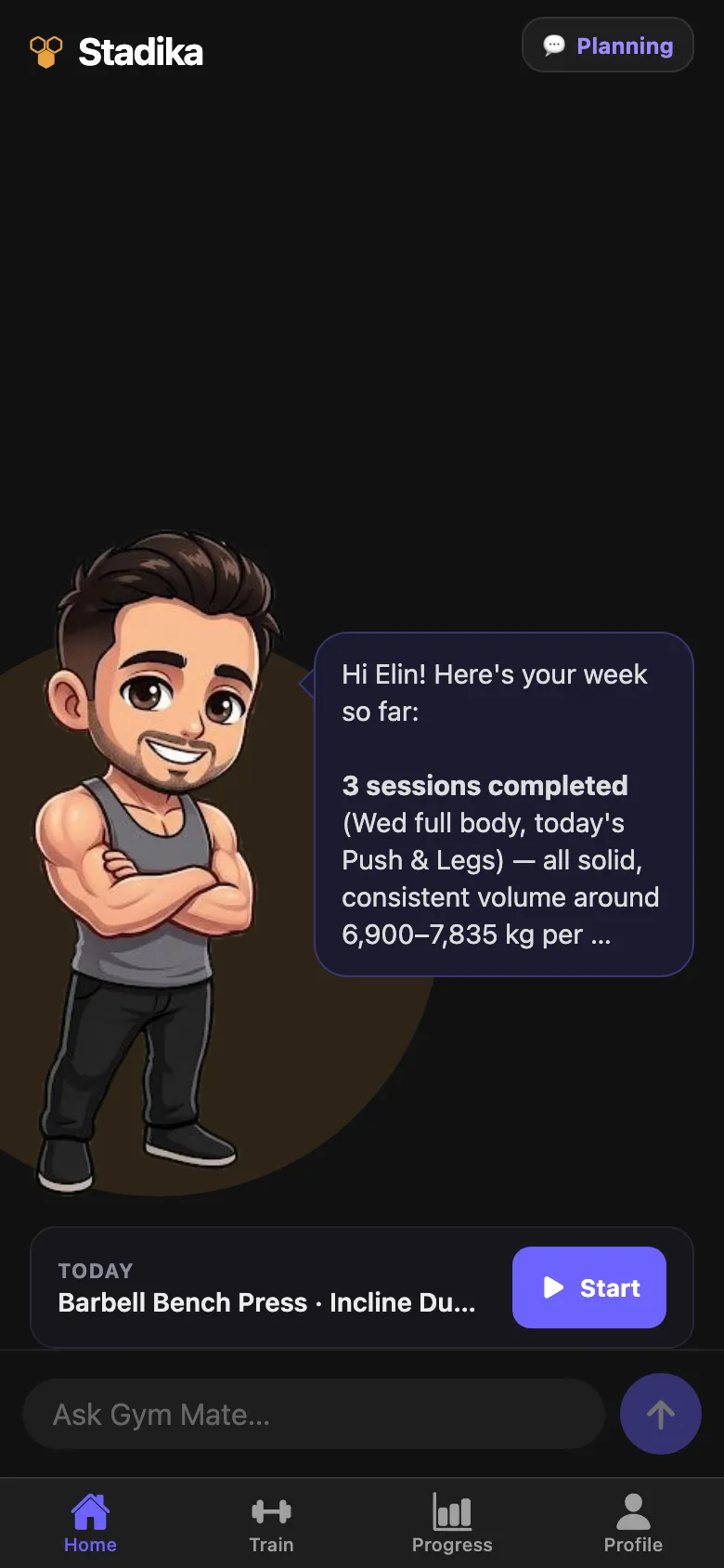 The coach sums up your week and suggests today’s session.