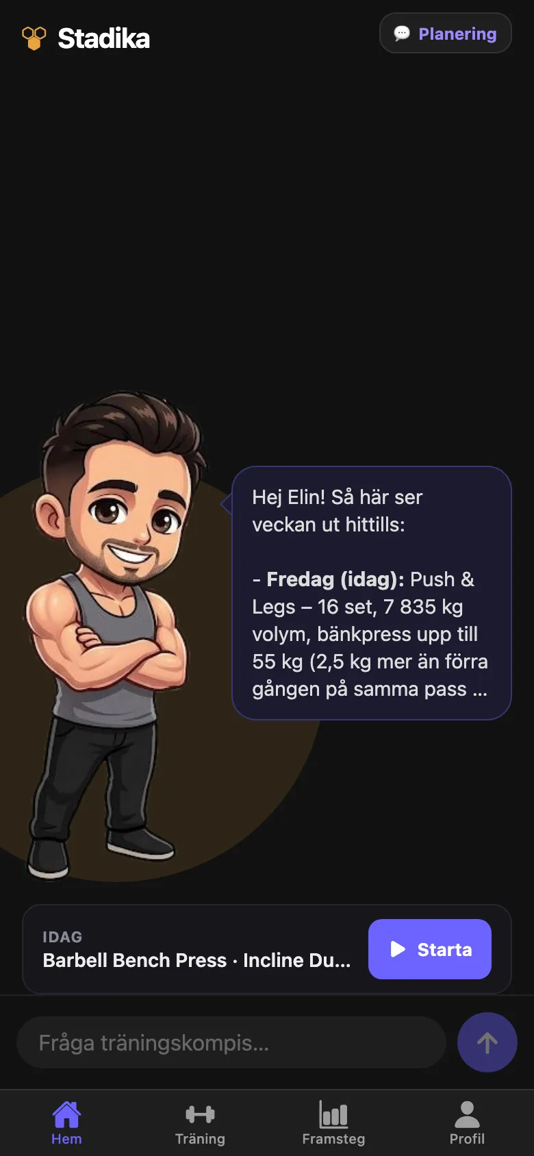 Hej Elin! Träningskompisen sammanfattar veckan och föreslår dagens pass.