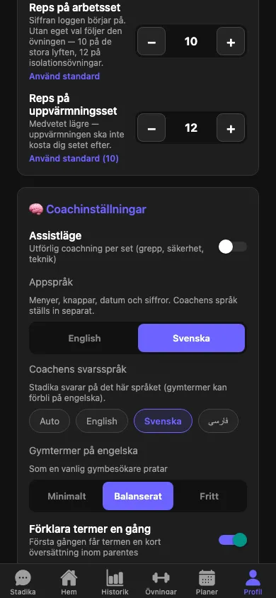 Appens språk och coachens språk väljs var för sig.