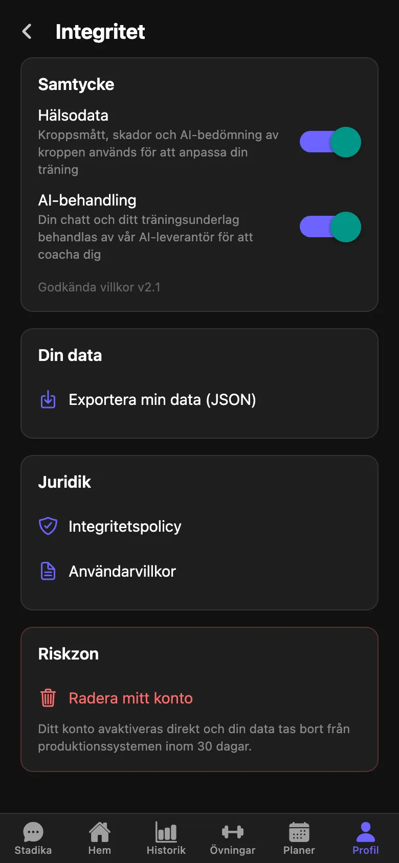 Export och radering i appen.