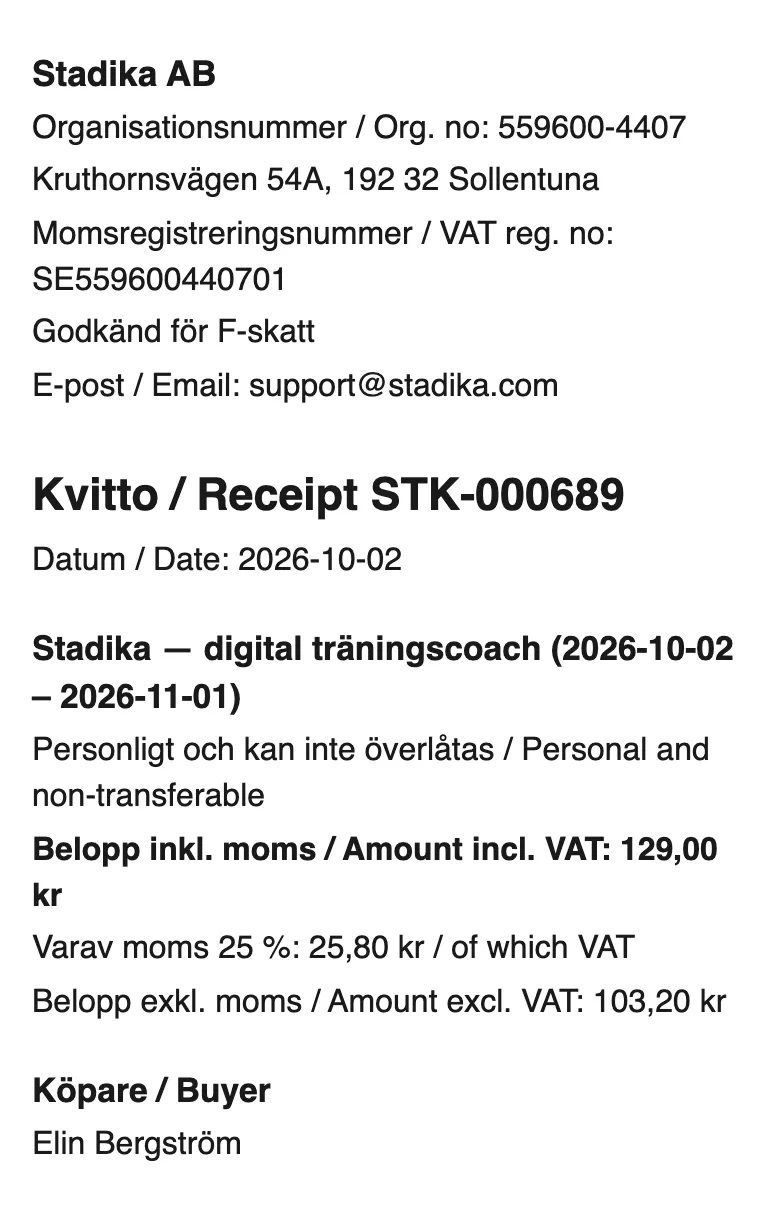 Example receipt from Stadika AB: organisation number, VAT registration number, amount including VAT, the VAT, and the buyer's name.
