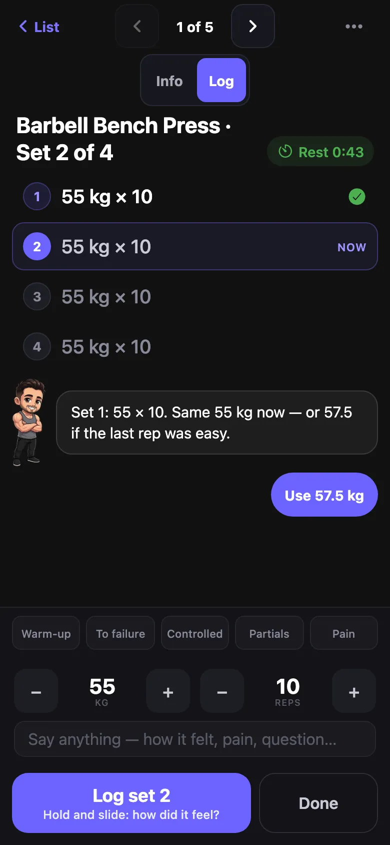 A logged set, and the next weight suggested.