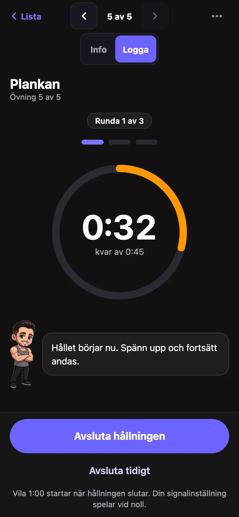 Övningar på tid, som plankan, har en klocka i stället för reps.