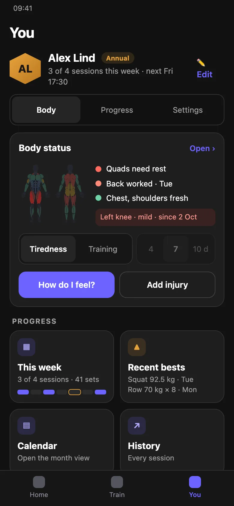 The You tab: body status, your week and recent bests.