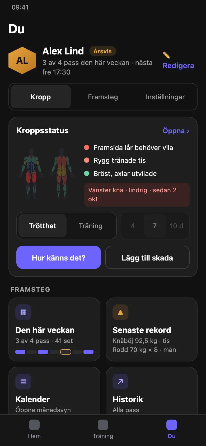 Fliken Du: kroppsstatus, veckan och senaste rekord.
